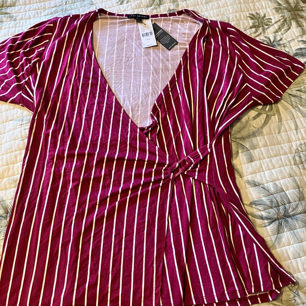 NWT Lane Bryant v neck blouse size 10/12 Maroon with cream vertical stripe